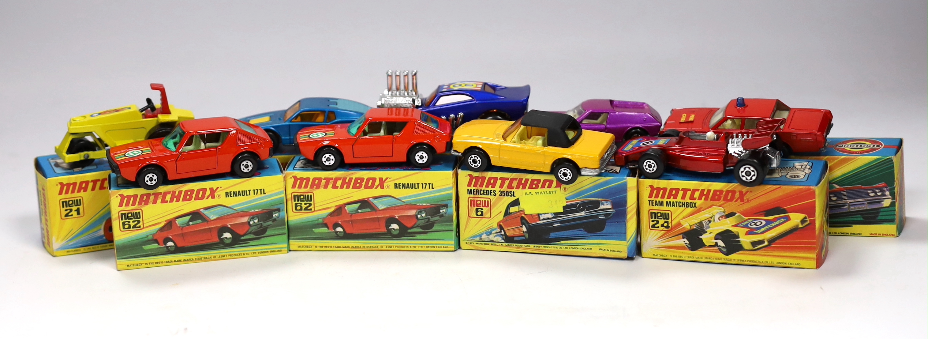 Twelve boxed Matchbox Superfast 1-75 New series diecast vehicles
